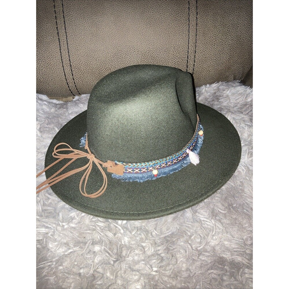 Western Cowboy Hat Fedora Panama Party Bead Tassle Army Green Unisex Rodeo Boho - Picture 5 of 5